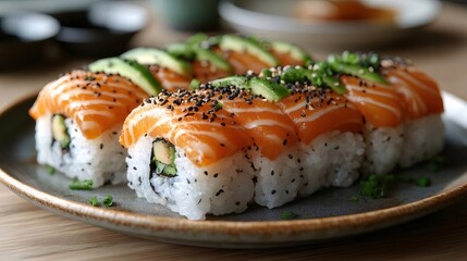 Salmon Avocado Sushi Rolls on Gray Plate with Wooden Table Background
