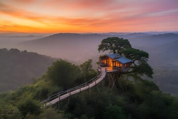 Treehouse on a hilltop with a bridge at sunrise in sylhet, bangladesh