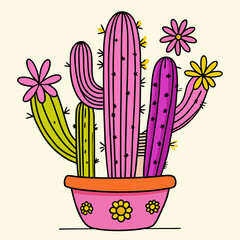 Vibrant potted cactus plants bursting with cheerful pink and green hues, adorned with delightful yellow and pink floral accents, bringing a playful and whimsical charm to any design.