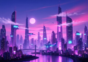 Futuristic cityscape at night with skyscrapers and flying vehicles with a pink and purple sky