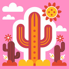 Obraz premium Vibrant desert scene with stylized cacti under a cheerful sun and fluffy clouds, evoking a playful and whimsical atmosphere perfect for creative projects