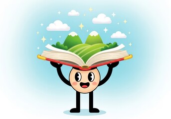 Cartoon character holding an open book with a landscape illustration isolated on white background