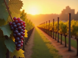 葡萄畑の夜明け 農村の風景 赤い葡萄の房 緑の葉の背景 金色の光 農業シーン 黄昏時の空