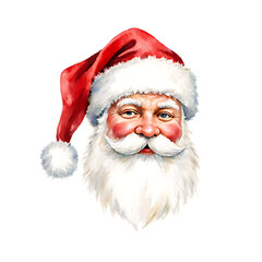 Watercolor Santa Claus Face – Festive Christmas Portrait with Red Hat and White Beard on White Background