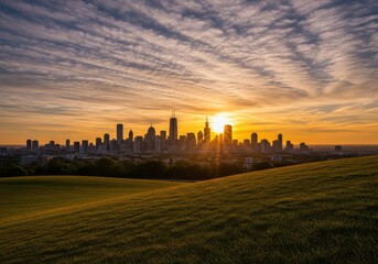 A breathtaking sunrise over the city skyline, with the sun casting a golden glow on the buildings and the surrounding landscape