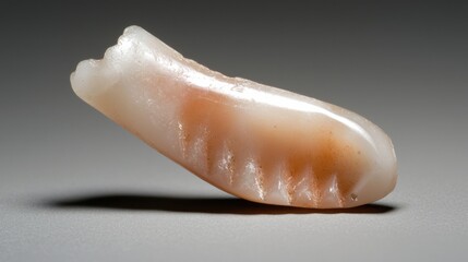 A close-up image of a single, elongated, translucent stone with a smooth, polished surface and a slightly rough texture.