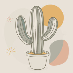 Vibrant potted cactus illustration with abstract organic shapes and starburst accents in a modern, minimalist style, perfect for home decor and graphic design projects