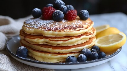 新鮮なベリーと粉砂糖をトッピングしたパンケーキスタック