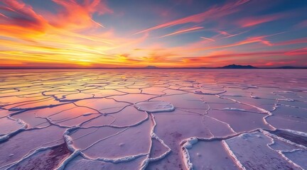 鮮やかな空と塩の平原が織りなす幻想的な夕焼けの風景