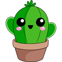 Adorable cartoon cactus in a terracotta pot with big friendly eyes and rosy cheeks, radiating cheerful vibes perfect for kids' designs and playful branding