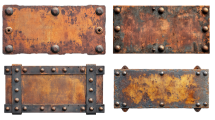 Rustic Metal Plates: Four weathered metal plates exude the charm of bygone eras, each revealing unique textures and the subtle artistry of time.