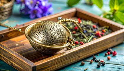 Golden tea infuser on wooden tray with loose leaf tea