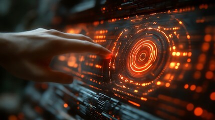 A hand interacts with a glowing, futuristic interface
