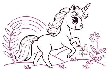 A whimsical, black and white coloring page featuring a cartoon unicorn in a grassy meadow.