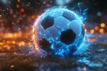 Dynamic soccer ball exploding with energy and water droplets, perfect for sports advertising
