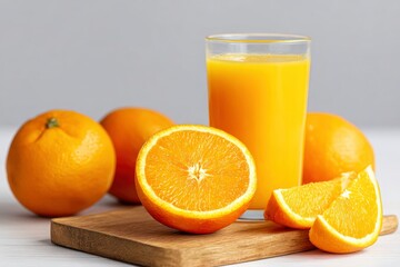 Orange juice whole and sliced oranges arranged on a wooden board