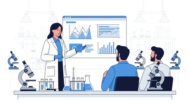 Science presentation by a female scientist in a lab with colleagues analyzing data, scientific