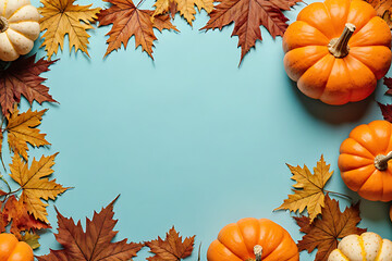 Autumn Frame with Pumpkins and Maple Leaves on Turquoise Background &ndash; Flat Lay Seasonal Border for Text