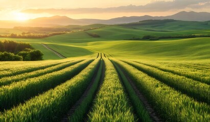 Obraz premium 緑の麦畑の畝と地平線まで続く緩やかな丘陵の夕日
