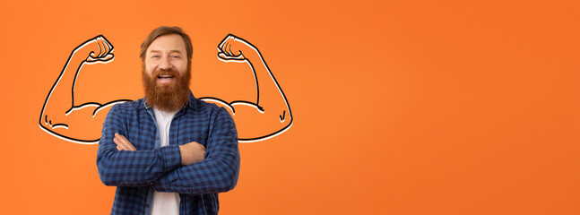 A man stands confidently with his arms crossed against an orange background, showcasing biceps...