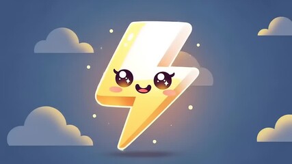 Cute cartoon lightning bolt character smiling against a blue background with fluffy clouds - Powered by Adobe