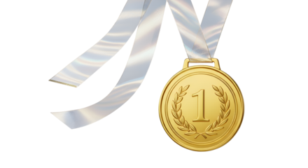 Gold medal with ribbon showing number one isolated PNG with Transparent Background