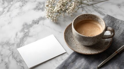 Warm coffee cup and business card on marble surface with pen and plant