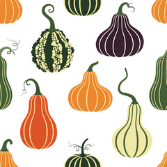 Seamless pattern of assorted gourds and pumpkins in various colors and shapes for autumn decor