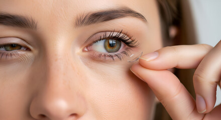 Woman Putting in Contact Lens: Close-up Eye Care