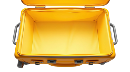 Open Yellow Suitcase – Bright Hard-Shell Luggage with Gray Metal Accents Interior View isolated on transparent background