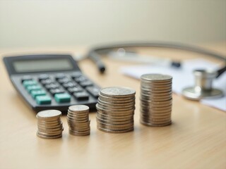 金貨の山と計算機と医療機器の木製テーブルの上の出費コスト