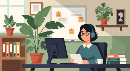 Illustration of a woman working from home with plants and a computer setup for remote productivity