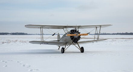 Vintage biplane on snow covered runway