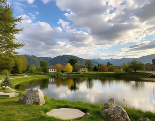 Obraz premium Serene lake reflects vibrant autumn trees and distant mountains under a dynamic sky