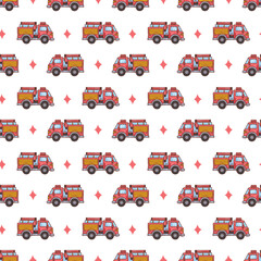 Naklejka premium Seamless pattern cartoon fire engines colorful hand drawn illustration in flat style for kids design