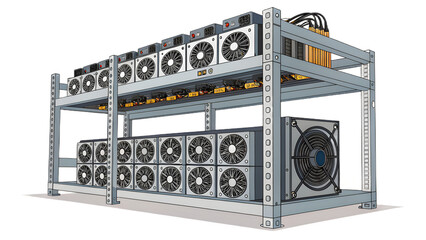 Computer Cryptocurrency Mining Rig Illustration with Multiple Antminers and a Large Power Supply Unit Illustration