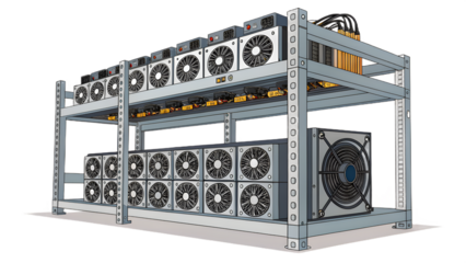 Computer Cryptocurrency Mining Rig Illustration with Multiple Antminers and a Large Power Supply Unit Illustration