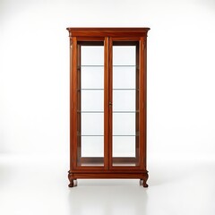 Elegant wooden display cabinet with glass doors isolated on white background