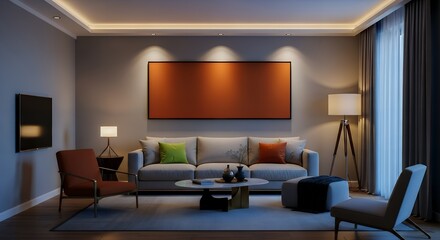 Modern and Sophisticated Living Room with a Blank Canvas and Ambient Lighting.