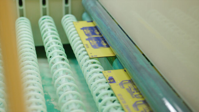 Yellow printed circuit boards traveling along an assembly line in an electronics factory, utilizing advanced automation to boost production efficiency and quality control