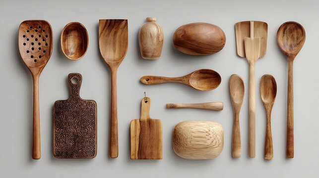 Collection of wooden kitchen utensils spatulas spoons cutting boards for cooking and food preparation