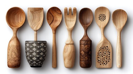 Collection of artisanal wooden spoons and utensils displayed with intricate designs