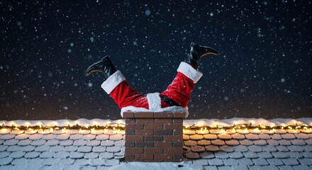 Funny Santa Claus stuck upside down in a chimney on a snowy roof. Humorous Christmas holiday mishap at night.