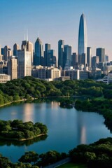 Fototapeta premium 都会のオアシス 青い湖と緑豊かな木々に囲まれた高層ビル群のパノラマ風景