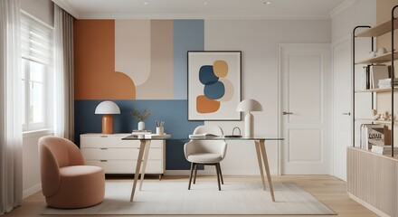 Modern and Artistic Home Office with a Colorful Abstract Geometric Wall.