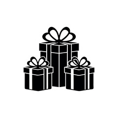 Three wrapped gifts in different sizes with bows, against a white background silhouette vector