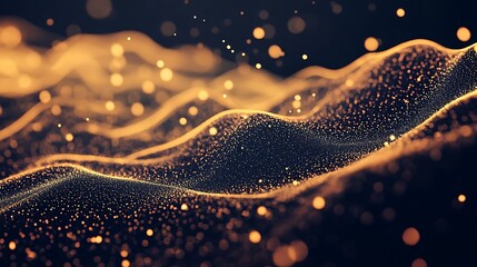 Dynamic golden particles flowing across dark background, perfect for digital designs and visuals