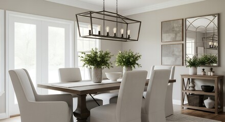 Fototapeta premium Elegant Modern Farmhouse Dining Room with a Rustic Table and Industrial Chandelier.