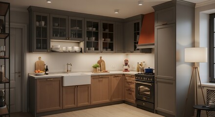 Elegant Modern Rustic Kitchen with a Farmhouse Sink and Terracotta Hood.