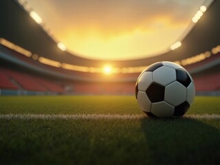 サッカーボールはスタジアムの緑の芝生に置かれ夕焼けの背景とぼかしの観覧席があります